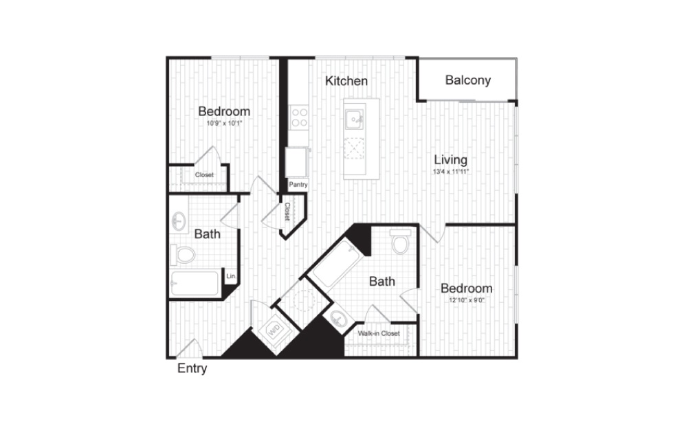 B3-ALT - 2 bedroom floorplan layout with 2 baths and 1014 square feet.